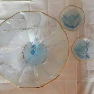 Fostoria Oakwood Blue - Iridescent Glass Bowl with Candle Holders